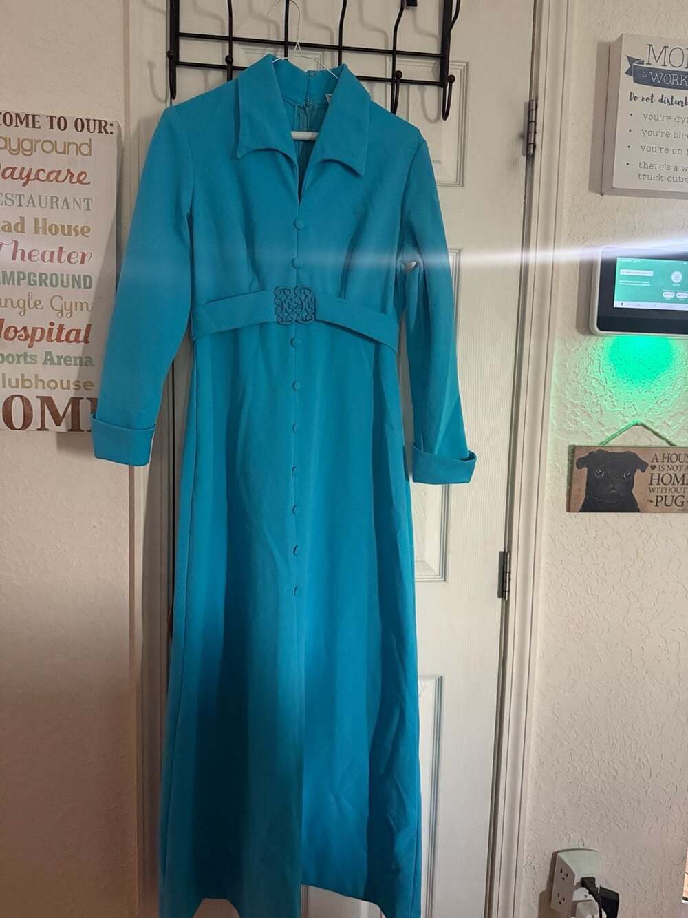 Vintage MW Turquoise Long Sleeve Belted Maxi Dress